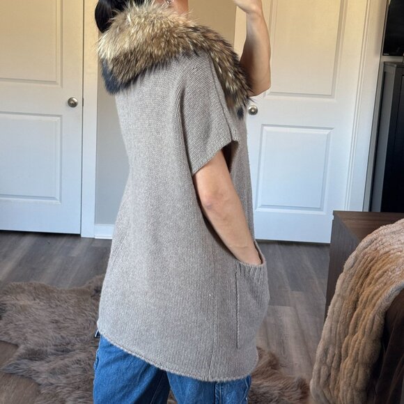 Yves Salomon Cashmere Sweater Cardigan Raccoon Fur Collar Brown Luxury Designer - Picture 3 of 12